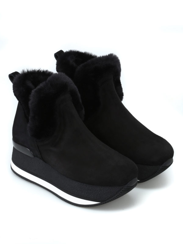 HOGAN: ankle boots online - Faux fur trim suede slip on platform booties