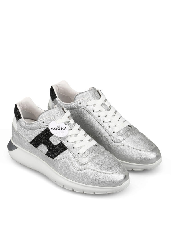 HOGAN: trainers online - Interactive³ silver crackle leather sneakers
