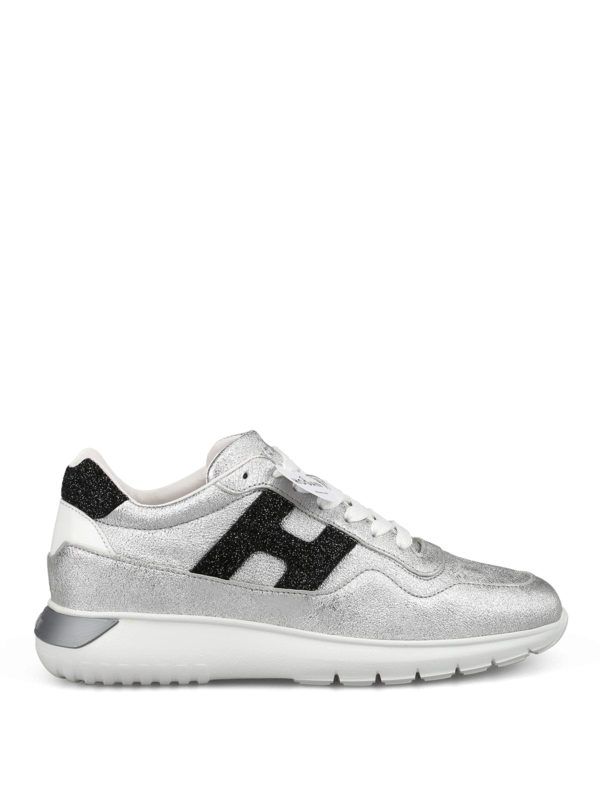 HOGAN: trainers - Interactive³ silver crackle leather sneakers