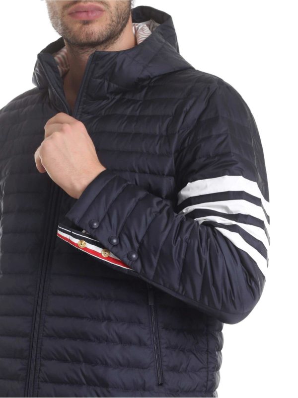 Hooded down jacket in blue shop online: THOM BROWNE