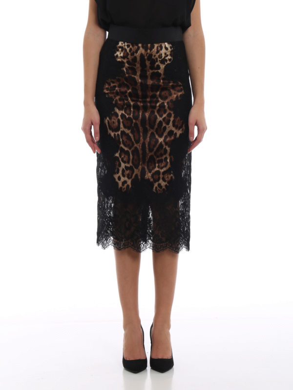 iKRIX DOLCE & GABBANA: Knee length skirts & Midi - Leo print silk satin and lace pencil skirt