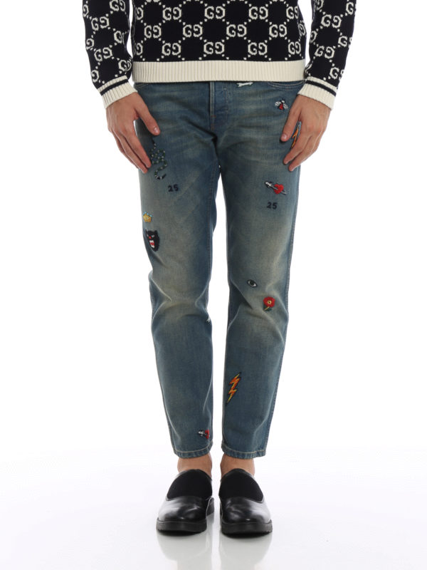 iKRIX GUCCI: straight leg jeans - Multi patch washed denim jeans