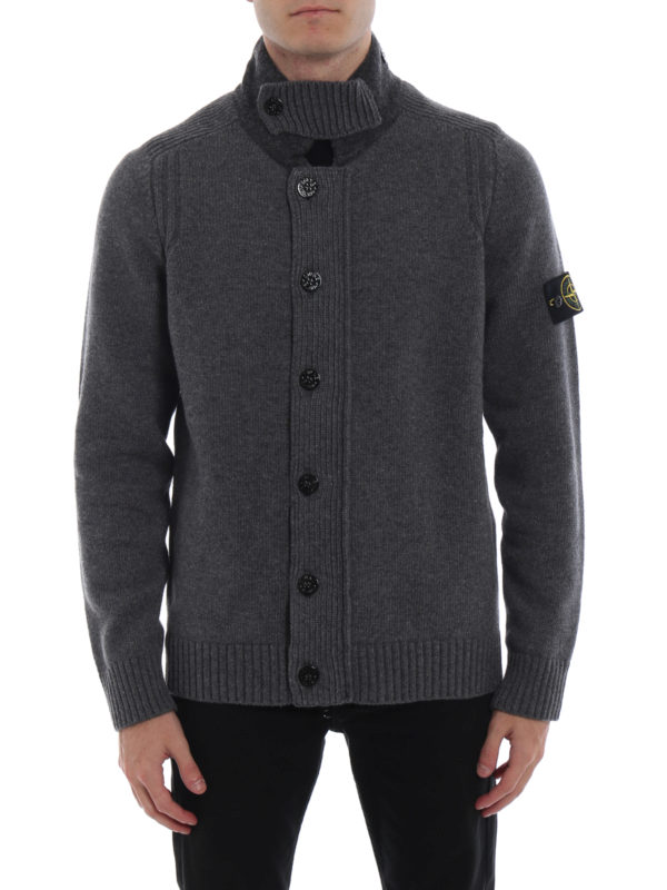 iKRIX STONE ISLAND: cardigans - Grey wool cardigan with buttoned mock neck