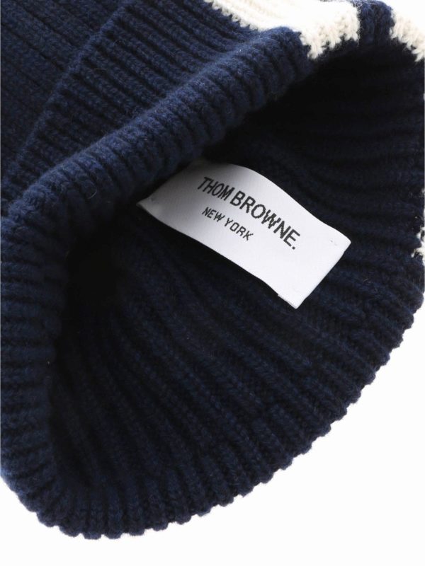 iKRIX THOM BROWNE: hats & caps - 4 Bar Stripe beanie in blue cashmere