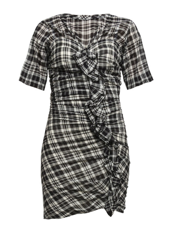 Isabel Marant Etoile: short dresses - Ruched check cotton dress