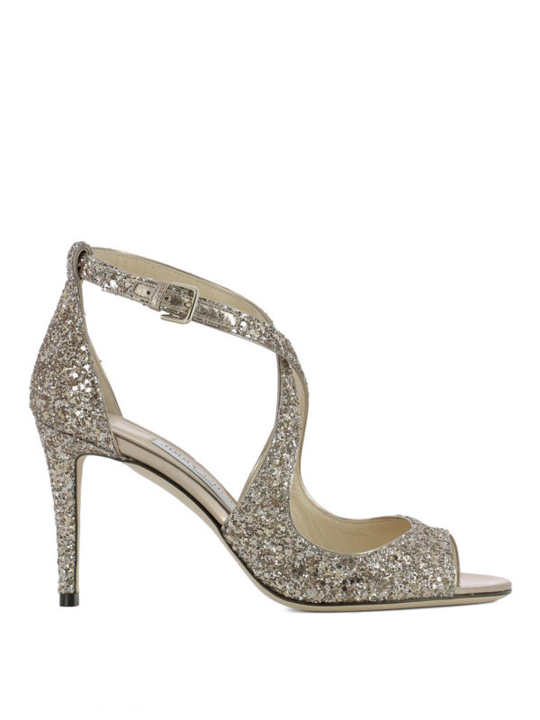 直営店‐Jimmy Choo‐ EMILY 85mm グリッター サンダル JIMMY CHOO Emily 85 Crisscross Heel Sandal Shadow Coarse