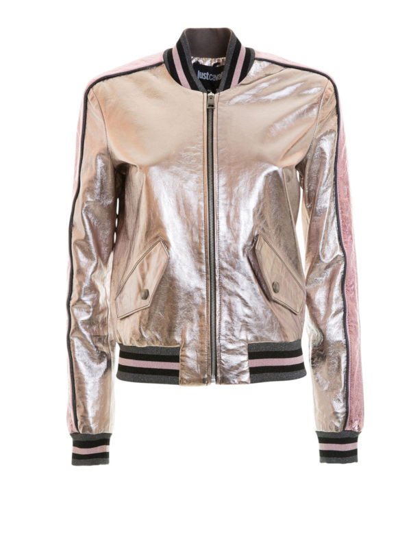 JUST CAVALLI: leather jacket - Metallic leather bomber jacket