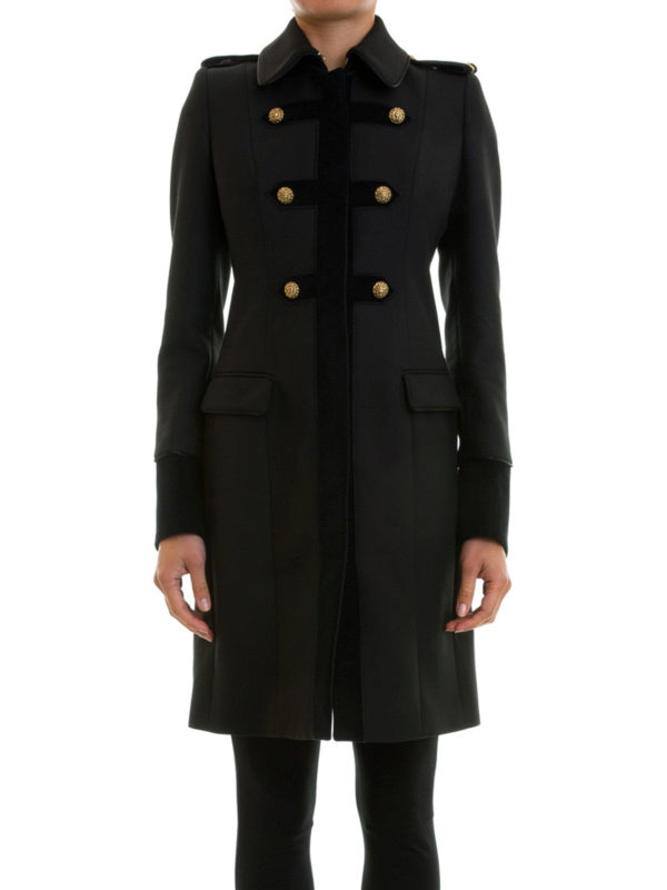 JUST CAVALLI: knee length coats online - Army style gold button coat