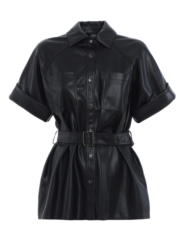 karl lagerfeld faux leather dress Women's Cropped Faux Leather Jacket WITH Faux Shearling | Black main image 0