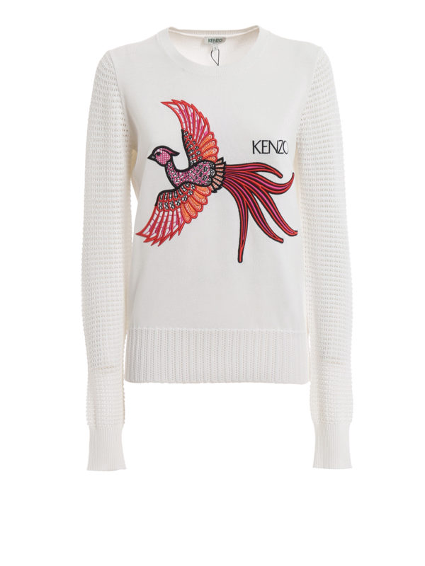 KENZO: crew necks - Phoenix openwork sleeve white sweater