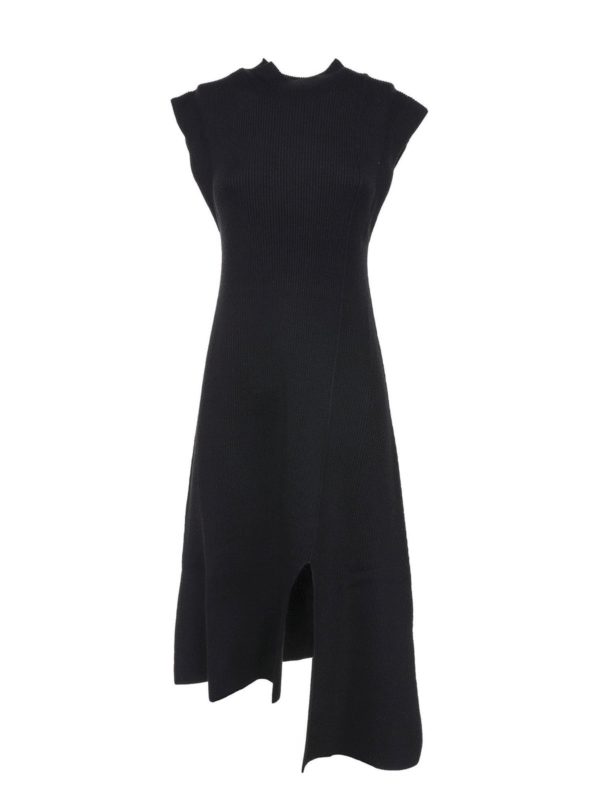 KENZO: knee length dresses - Asymmetrical knit dress in black