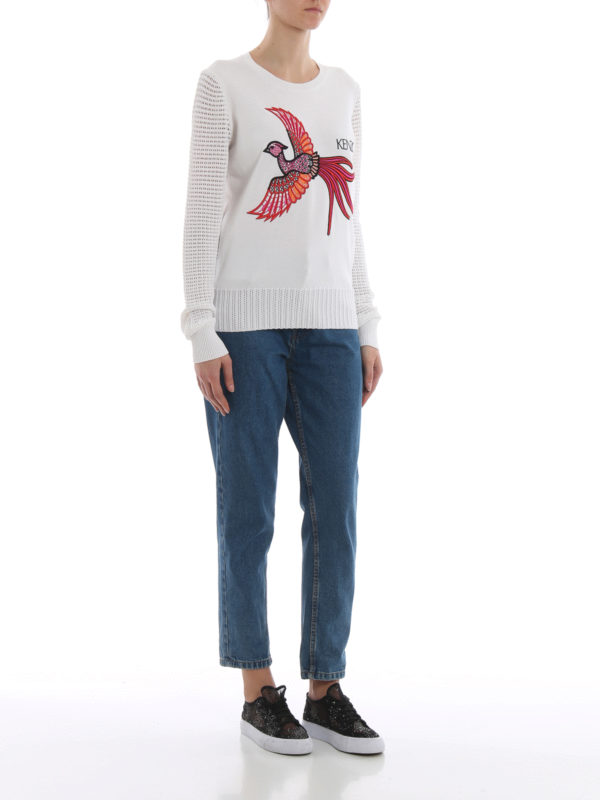 KENZO: crew necks online - Phoenix openwork sleeve white sweater