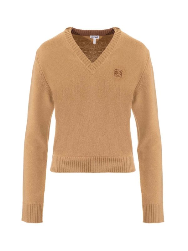 LOEWE: Strickpullover mit V-Ausschnitt - V-Pullover - Braun