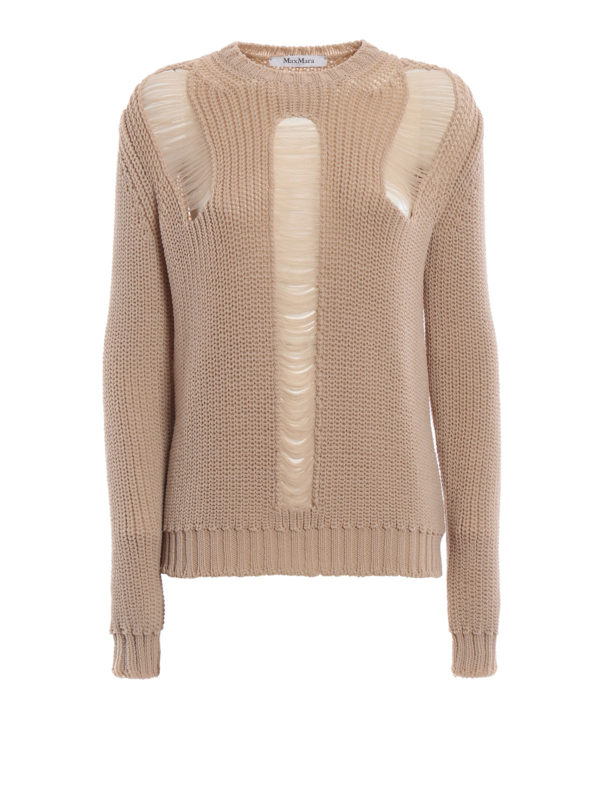 Max Mara: Strickpullover mit Rundhalsausschnitt - Rundhalspullover - Nude