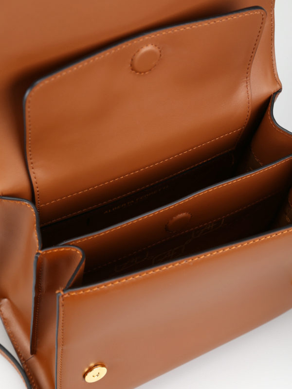 Metal logo brown leather crossbody bag shop online: ALBERTA FERRETTI