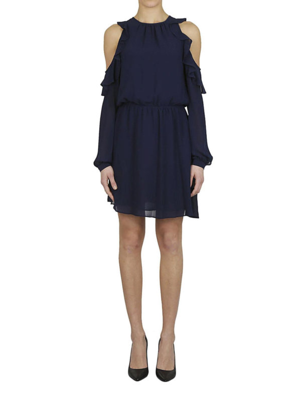 Michael Kors Blue frilled cut out shoulder dress MS88XT67R3456