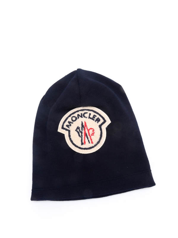 MONCLER: Mützen - Wollmütze mit Logo-Aufnäher