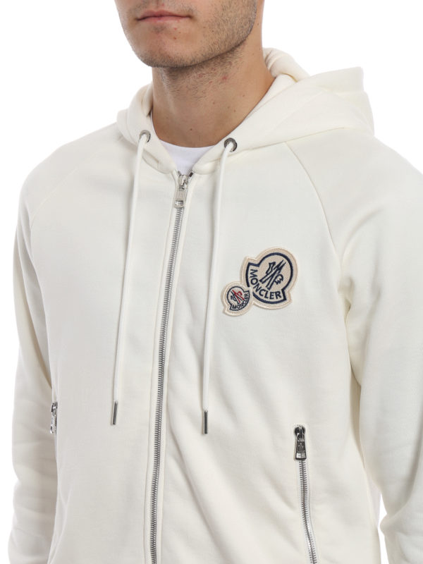 Double logo patch white cotton fleece hoodie