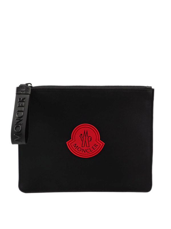 MONCLER: clutches - Logo patch black nylon pouch