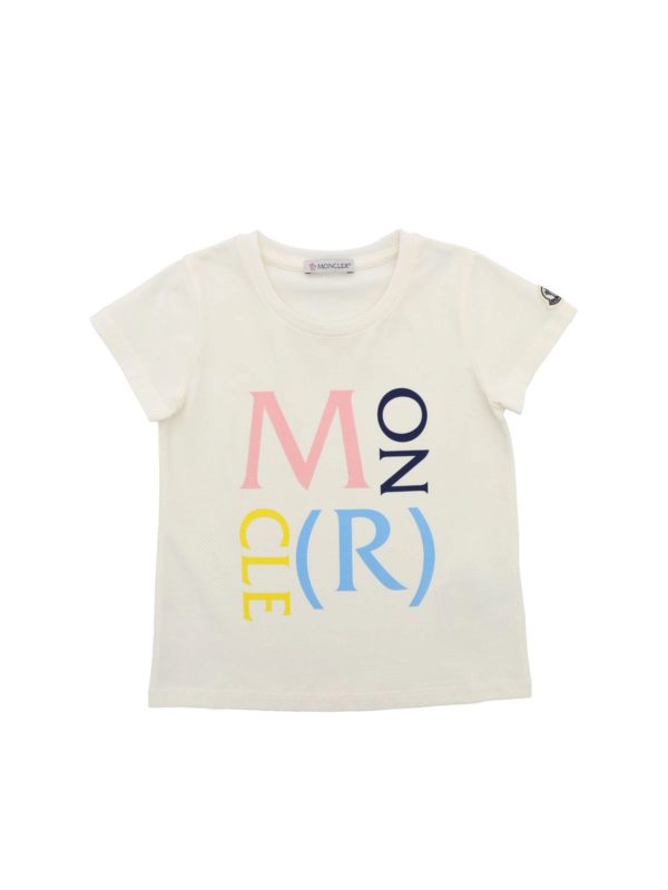 MONCLER JR: t-shirt - T-shirt color crema con logo multicolor