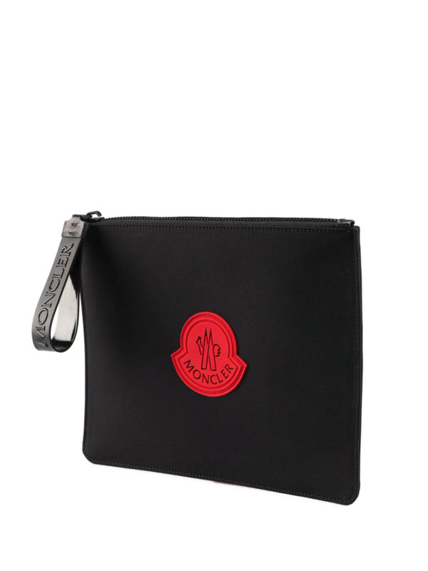 MONCLER: clutches online - Logo patch black nylon pouch
