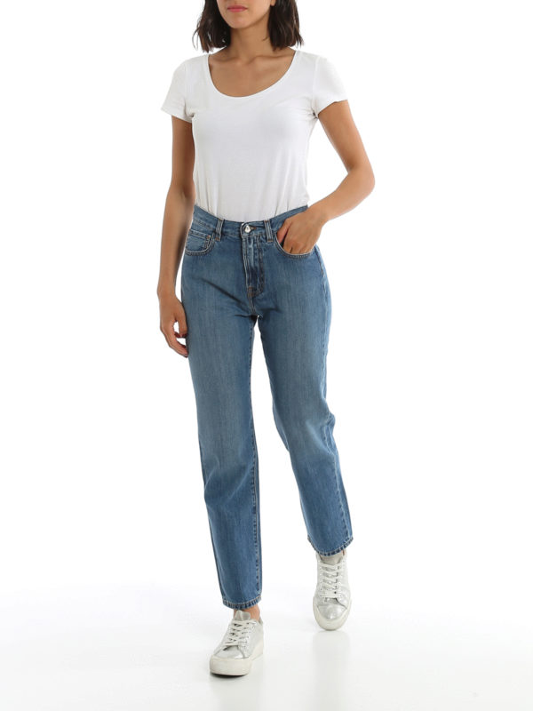 MONCLER: straight leg jeans online - Logo patch denim jeans