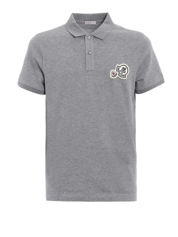 MONCLER: polo shirts - Logo patch grey cotton polo shirt