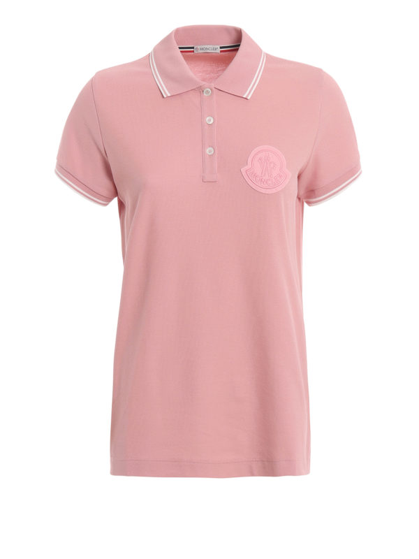 MONCLER: polo shirts - Pink cotton and tonal logo patch polo shirt