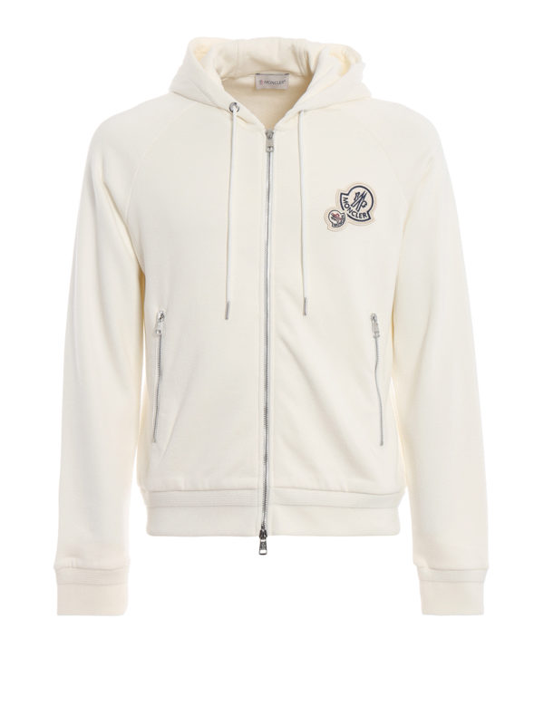 Double logo patch white cotton fleece hoodie