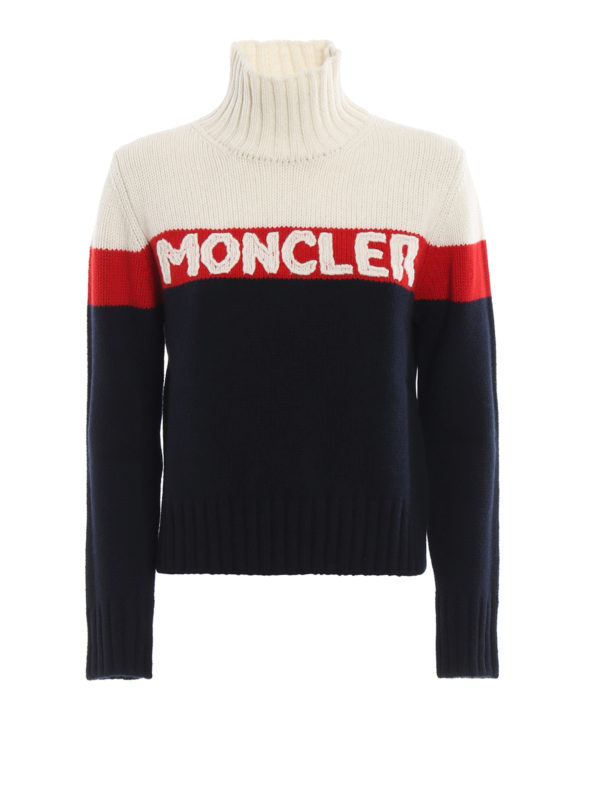MONCLER: maglia a collo alto e polo - Pullover color block con intarsio logo