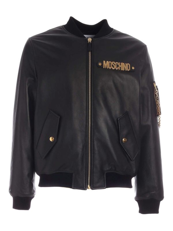MOSCHINO: leather jacket - Metal logo bomber jacket in black