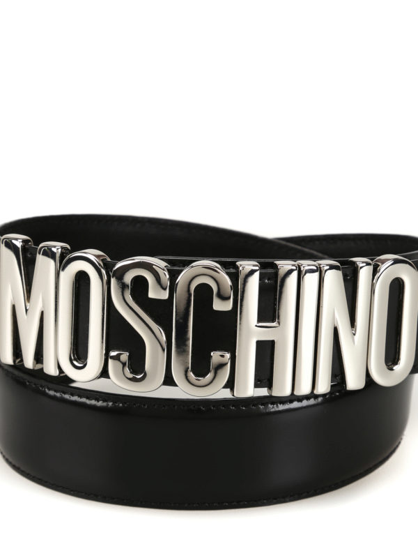 MOSCHINO: belts online - Logo lettering black patent leather belt