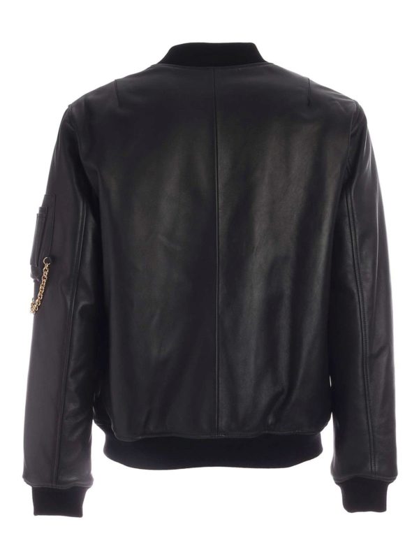 MOSCHINO: leather jacket online - Metal logo bomber jacket in black