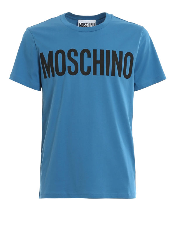 MOSCHINO: t-shirts - Blue cotton logo T-shirt
