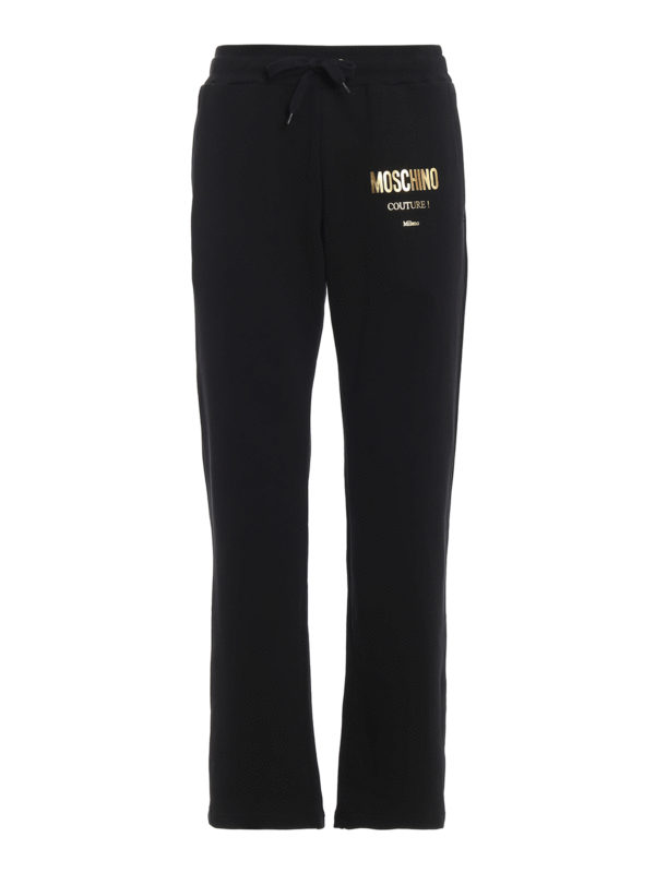 MOSCHINO: tracksuit bottoms - Golden logo print cotton joggers
