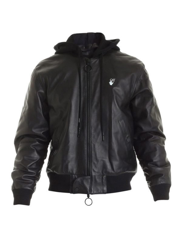 OFF-WHITE: leather jacket - Black leather jacket featuring hood