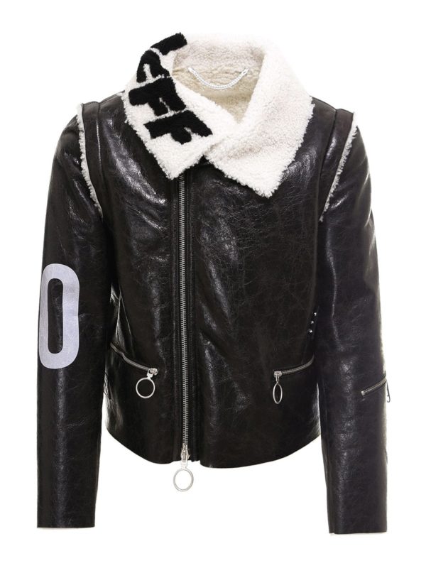 OFF-WHITE: leather jacket - Maxi print shearling coat