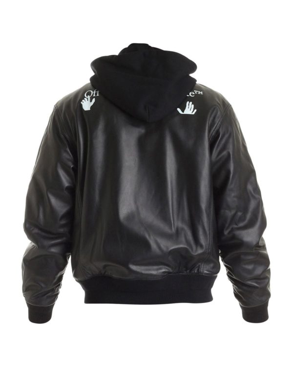 OFF-WHITE: leather jacket online - Black leather jacket featuring hood