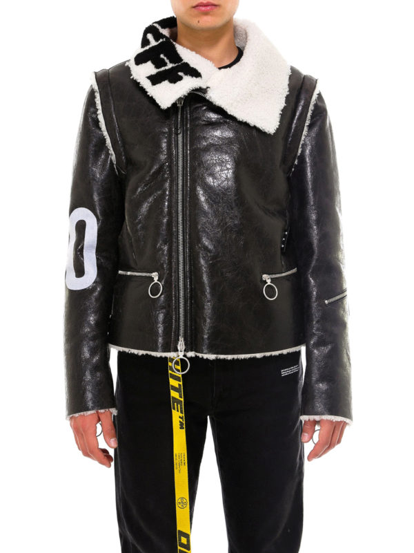 OFF-WHITE: leather jacket online - Maxi print shearling coat