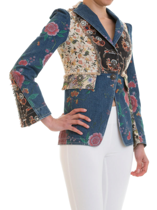 Patterned denim patchwork blazer shop online: ROBERTO CAVALLI