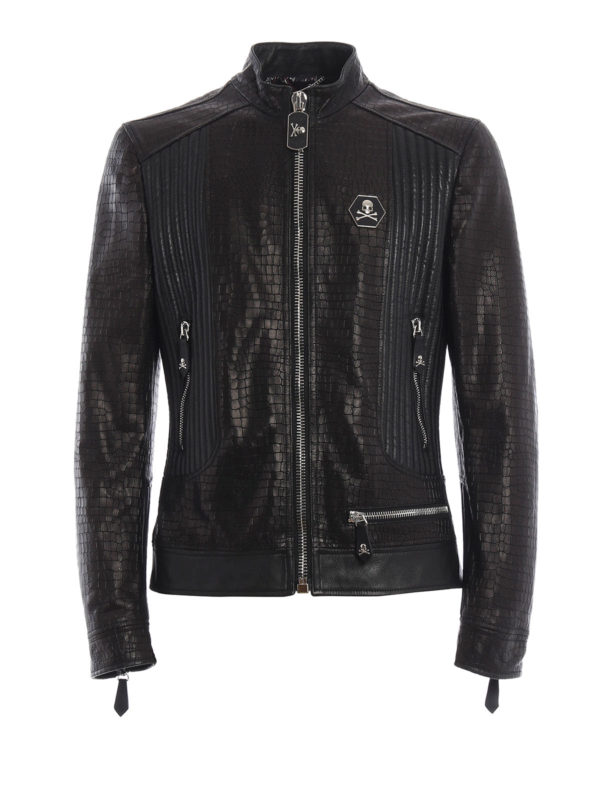 PHILIPP PLEIN: leather jacket - Grunge croco print leather jacket