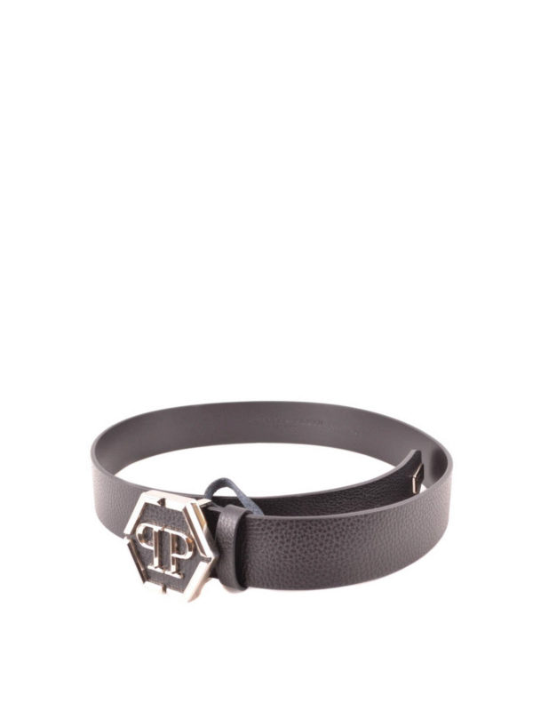 PHILIPP PLEIN: belts online - Hexagonal logo grainy leather belt