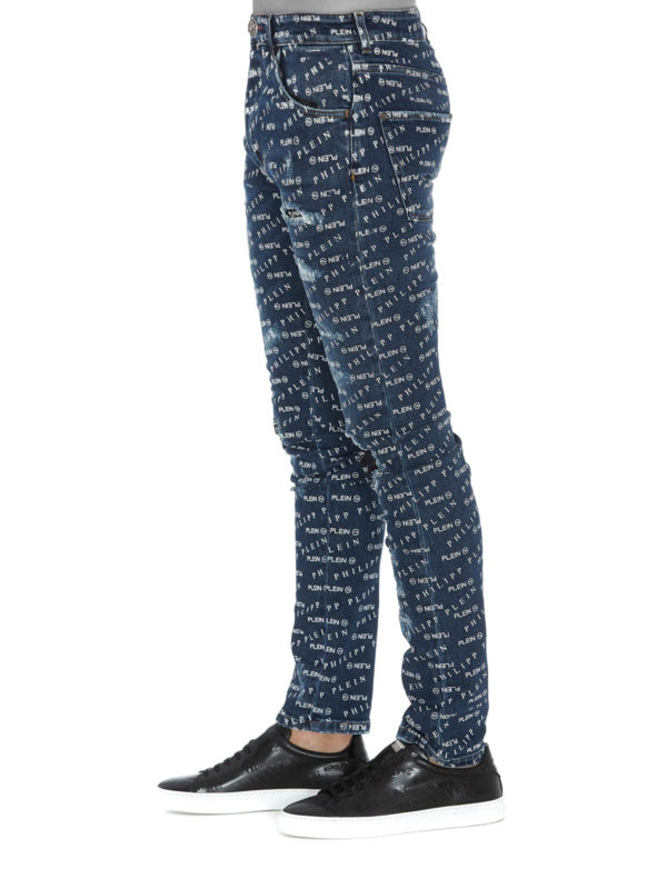 PHILIPP PLEIN: straight leg jeans online - Logo lettering destroyed effect jeans