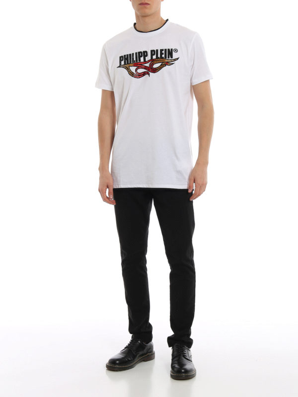 PHILIPP PLEIN: t-shirts online - Flame crystal logo white T-shirt