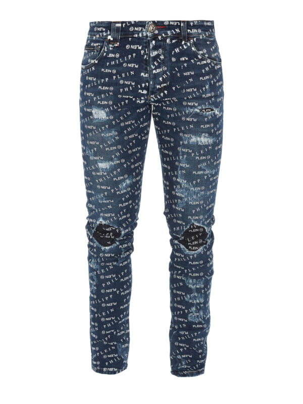 PHILIPP PLEIN: straight leg jeans - Logo lettering destroyed effect jeans