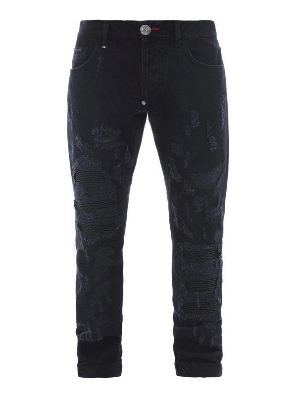 PHILIPP PLEIN: straight leg jeans - Ripped black denim jeans
