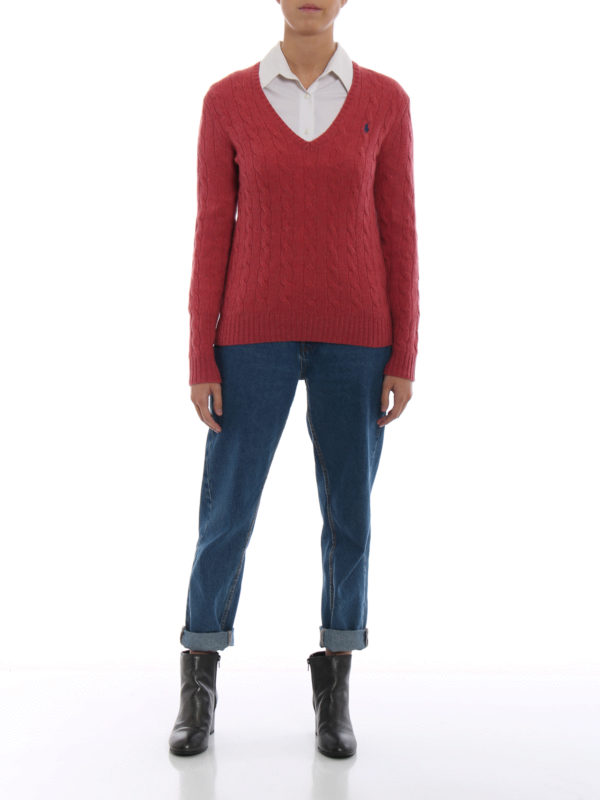 POLO RALPH LAUREN: v necks online - Cable knit merino and cashmere V neck sweater