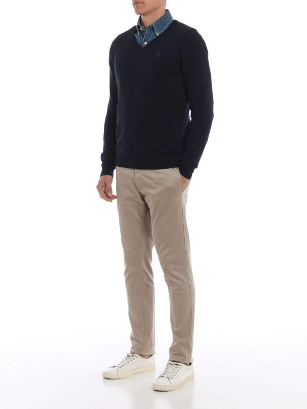 POLO RALPH LAUREN: v necks online - Dark blue cotton V-neck pullover