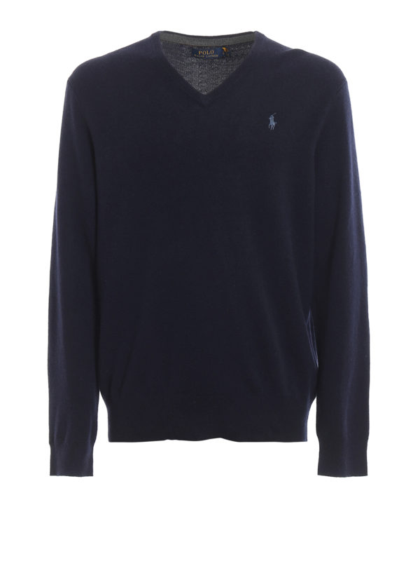 POLO RALPH LAUREN: Strickpullover mit V-Ausschnitt - V-Pullover - Blau
