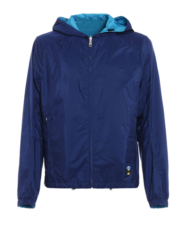 PRADA: casual jackets - Reversible blue hooded jacket